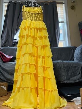 Yellow Ruffled Tiered Evening Gown